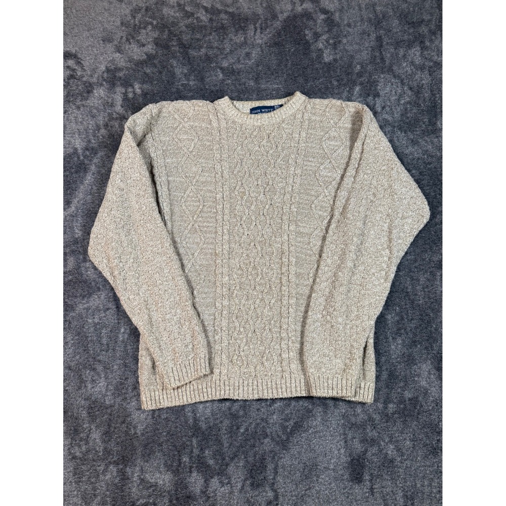 VTG JOHN WEITZ Mens XL Tan Cable Knit‎ Sweater Made in USA 100% Cotton Crew Neck
